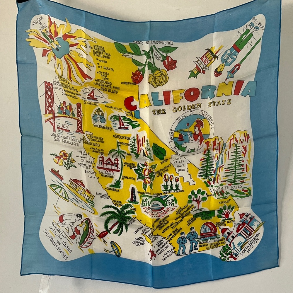 Vintage California Map Silk Scarf  Blue Border Souvenir Travel Landmarks